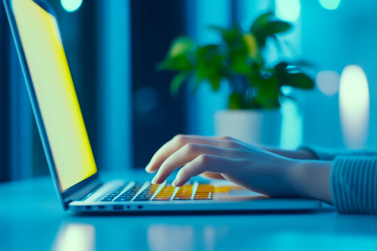 A close-up of a person's hand typing on a laptop keyboard, illuminated by the screen's soft glow, with a plant in the background, creating a cozy workspace atmosphere.