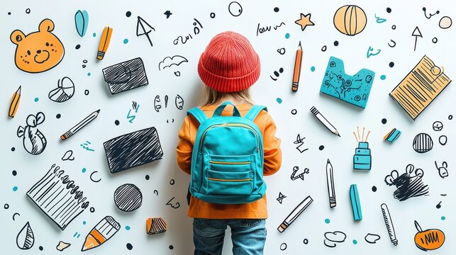 A vibrant backdrop adorned with a playful doodle pattern, featuring colorful pencils, backpacks, and friendly animals, hinting at the joy of learning and the excitement of a new school year. 