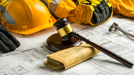 Construction Safety Regulations Legal Documents Gavel Hardhat Gloves Blueprints