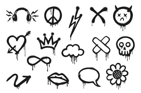 Naklejki Grunge graffiti ink spray paint, vector street art. Hand drawn black spray paint and ink skull, crown, arrow and flower graffiti. Street art peace symbol, pierced heart, cloud and dead smile emoji