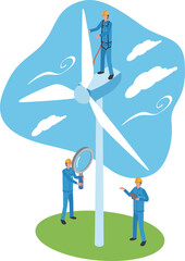 風力発電の点検をする作業員