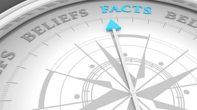 The needle of compass points to the word facts ignoring the words beliefs. Religion, science and business concept of opposites, decisions, and uncertainty. 3D render
