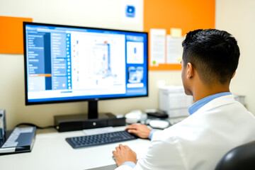 A healthcare professional analyzes data on a computer screen, showcasing technology in a medical environment.