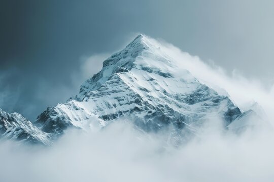 A snow-covered mountain peak emerges from a blanket of clouds on a stormy day, with a hint of blue sky visible above, A snowy mountain peak shrouded in clouds