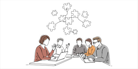 people at a desk leading a discussion with puzzle pieces above their heads continuous single line art drawing sketch on white background 