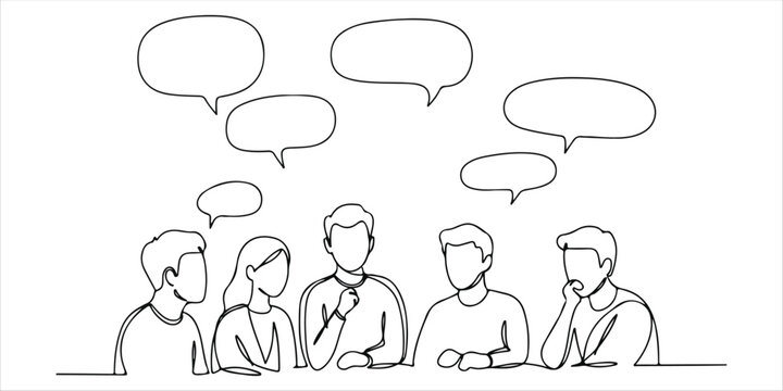 people talking to each other with bubbles over their heads continuous single line art drawing sketch on white background