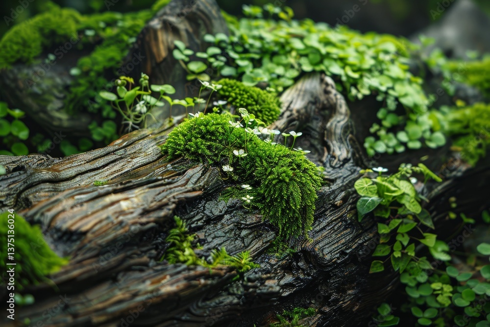 Poster a close-up image of a weathered log covered in vibrant green moss and lichen, creating a textured an