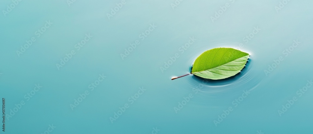 Poster close-up of a single green leaf floating on a light blue background. the leaf is in the center of th