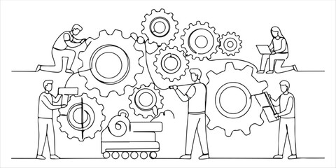people establishing a work process in gears continuous single line art drawing sketch on white background