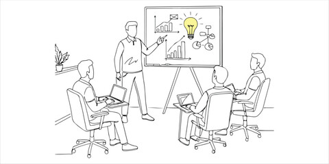 office worker presenting his idea with a board with a light bulb and graphs in front of his colleagues continuous single line art drawing sketch on white background