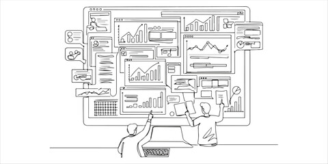 large monitor with tabs displaying graphs, chats, and groups of people studying them continuous single line art drawing sketch on white background