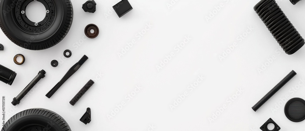 Poster collection of various mechanical components arranged on a white background. there are several types 