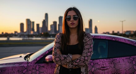 Fototapeta premium Young woman in sunglasses poses confidently beside a pink snake-patterned car at sunset in a cityscape - pink snake print | pink snake