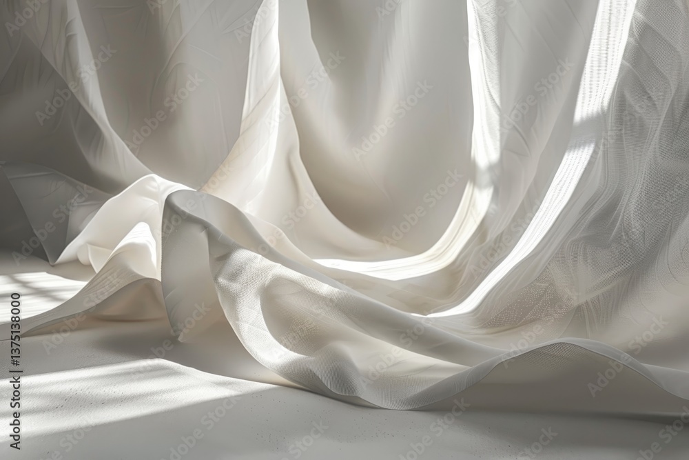 Poster close-up of sheer curtains on a windowsill, sunlight creating dramatic light and shadows, light and 
