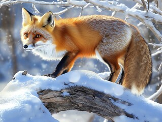 Obraz premium Red Fox Standing on Snowy Log in Winter Wonderland Scene