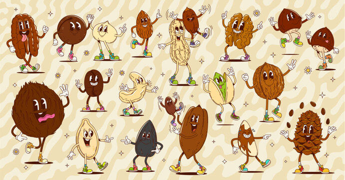 Cartoon groovy nut and seed characters, vector healthy food. Funny hippie peanut, pecan and pine nut vector personages playing with seeds. Groovy almond, walnut, hazelnut and pistachio characters