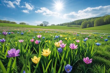 Fototapeta premium Vibrant Spring Meadow Under Bright Sky with Lush Green Grass and Colorful Nature