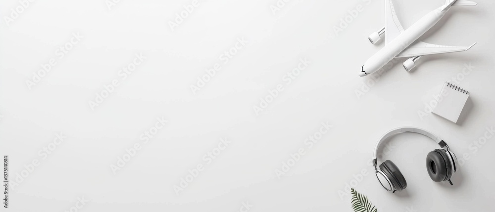 Poster flat lay of a white background with a few objects scattered on it. on the left side of the image, th