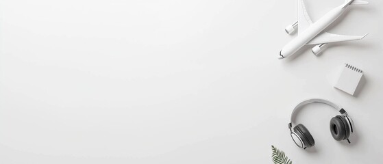 Flat lay of a white background with a few objects scattered on it. on the left side of the image, there is a small white airplane model, a notebook, and a pair of black headphones.