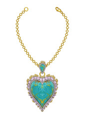 Fototapeta premium Jewelry design heart gold necklace set with turquoise and amethyst by hand drawing.