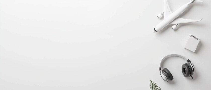 Flat lay of a white background with a few objects scattered on it. on the left side of the image, there is a small white airplane model, a notebook, and a pair of black headphones.