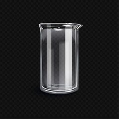 Clear glass beaker with spout, 3D render.  Dark checkered transparent background, laboratory equipment.  Realistic glassware, scientific illustration.
