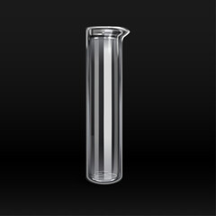 Clear glass test tube with spout, 3D render.  Dark background, laboratory equipment.  Realistic glassware, scientific illustration.
