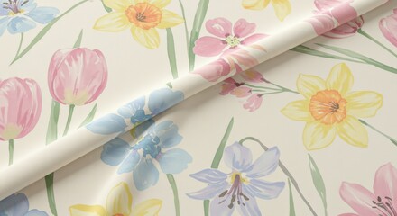 Delicate Floral Patterns in Soft Pastel Colors Featuring Tulips, Daffodils, and Other Spring Flowers on a Light Background
