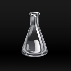Clear glass Erlenmeyer flask, 3D render.  Dark background, laboratory equipment.  Realistic glassware, scientific illustration.