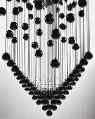 Shiny black fluid metal spheres that flow into innovative shapes and designs, for illustration and abstract art design purposes.