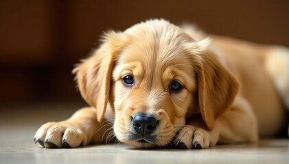 Golden Retriever puppy lies down, ears flopped, looking playful , isolated, animal photography, pet photography