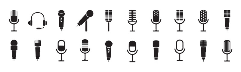 A versatile microphone icon set showcasing different styles, including karaoke and podcast microphones. Perfect for web and mobile applications. Vector illustration eps 10.