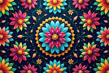 Intricate floral design repeats seamlessly across a vibrant background , dark, textile