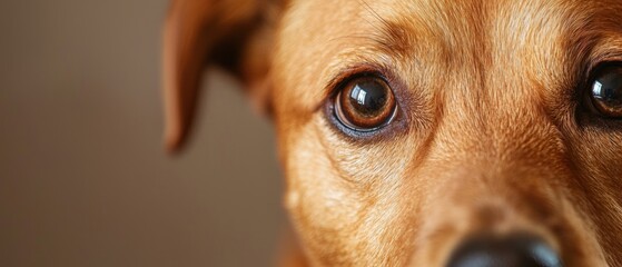 Close-up of a dog's face. the dog appears to be a medium-sized breed with brown fur. its eyes are large and dark, and it is looking directly at the camera with a curious expression.