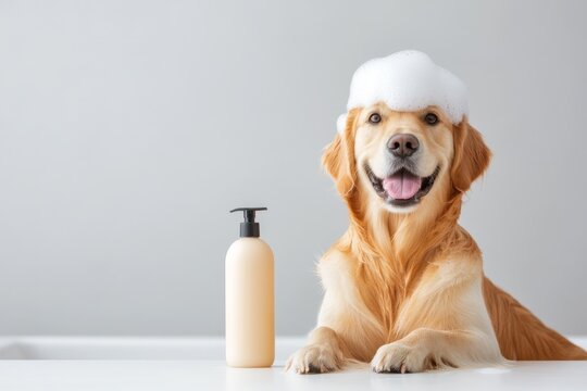 Product photography of a small bottle of pet shampoo next to the smiling face of a golden retriever in a white bathroom with soap suds on the golden's head
