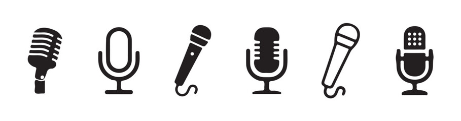 Microphone icon set featuring various styles, including karaoke and podcast microphones. Ideal for web and mobile applications. Vector illustration eps 10.