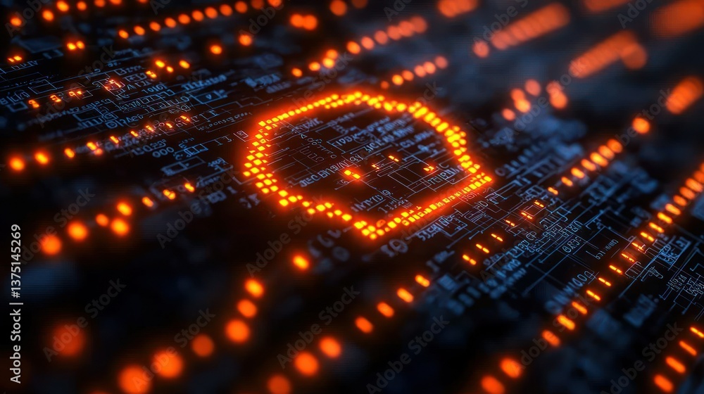 Poster digital circuitry: glowing orange data stream