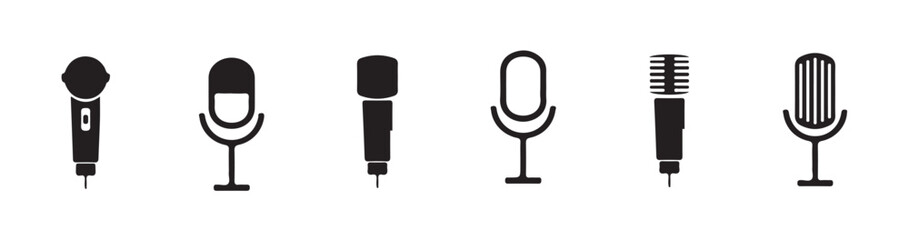 Microphone icon set featuring various styles, including karaoke and podcast microphones. Ideal for web and mobile applications. Vector illustration eps 10.