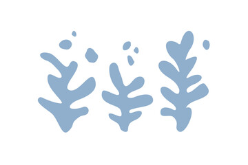 Seaweed silhouette and bubbles set of hand drawn doodle illustration. Underwater sea life summer holiday. Blue seaweed, algae design element set