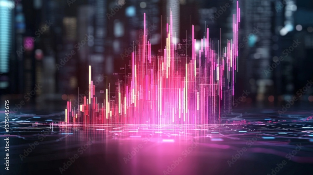 Poster digital data visualization with colorful graphs over a city skyline at night