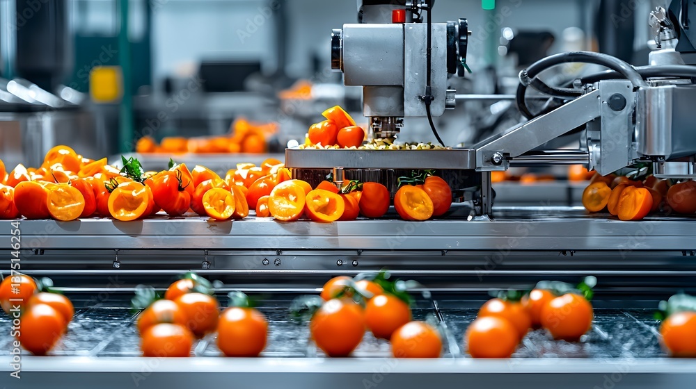 Poster automated food processing machines slicing vegetables in a high-speed production line, food slicing 