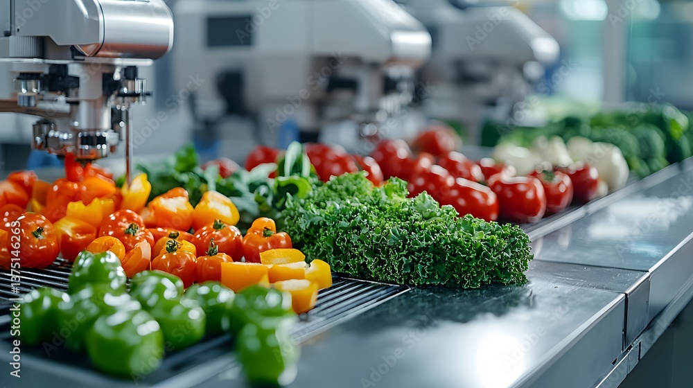 Poster automated food processing machines slicing vegetables in a high-speed production line, food slicing 