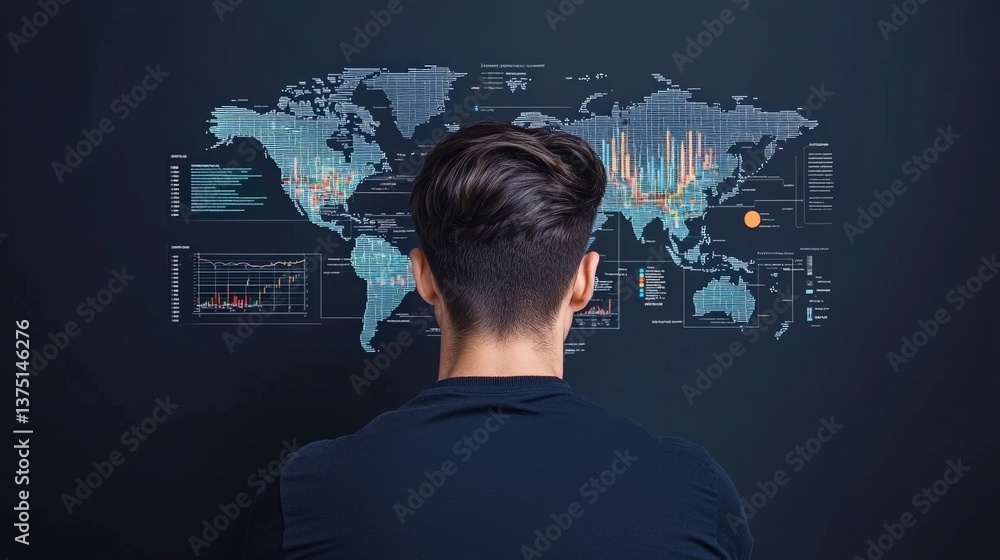 Poster person analyzing global data visualization on digital interface screen