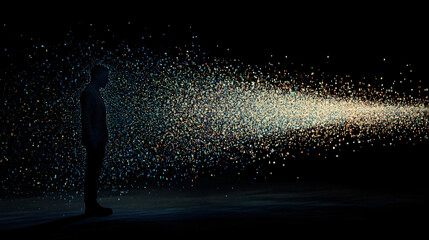 silhouette made of pixelated data particles disappearing into cyberspace 