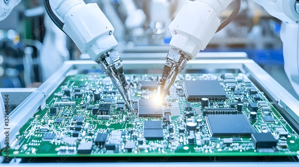 Poster robots assembling intricate circuit boards in an electronics manufacturing facility, robotic electro