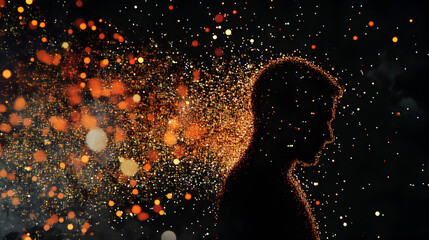 silhouette made of pixelated data particles disappearing into cyberspace 