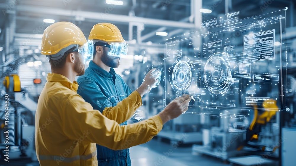 Poster engineers using a holographic display to visualize production data and monitor machinery, holographi