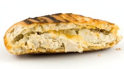 Panini made with focaccia roll, filled with tuna melt with cheddar, lightly toasted edges, studio-lit white background