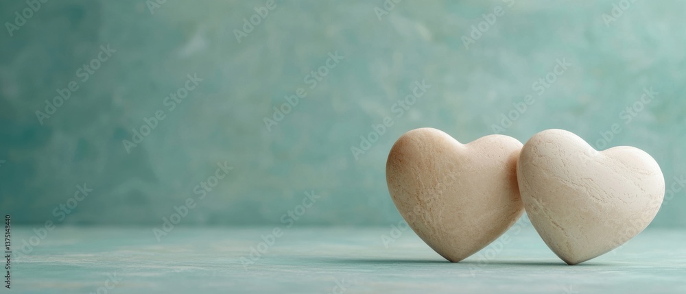 Poster two heart-shaped objects on a light blue background. the objects are made of a smooth, light-colored