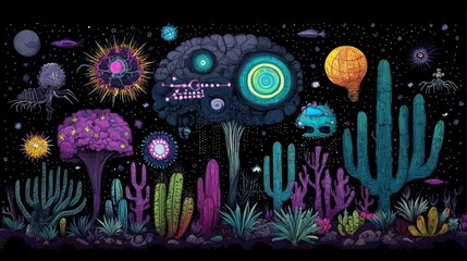 Abstract Cosmic Landscape with Alien Flora and Colorful Celestial Elements